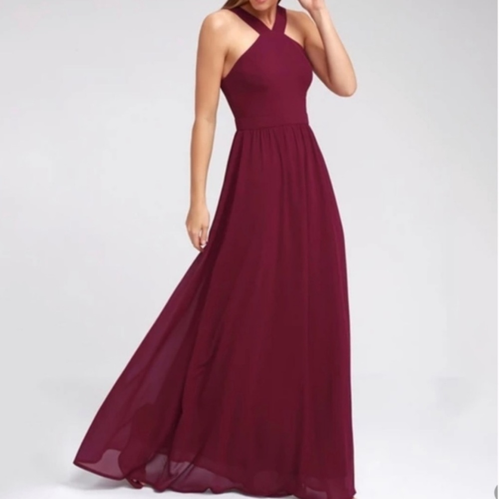 Lulu’s Air of Romance Cross Neck Dress in Burgundy